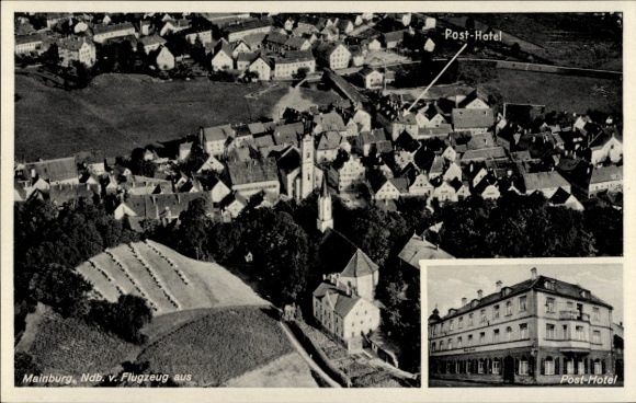 Postcard Mainburg in the Hallertau Lower Bavaria, aerial photograph, Post-Hotel
