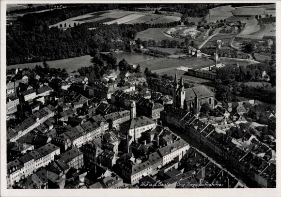 Postcard Hof an der Saale Upper Franconia Bavaria, Hotel Strauß, aerial photograph