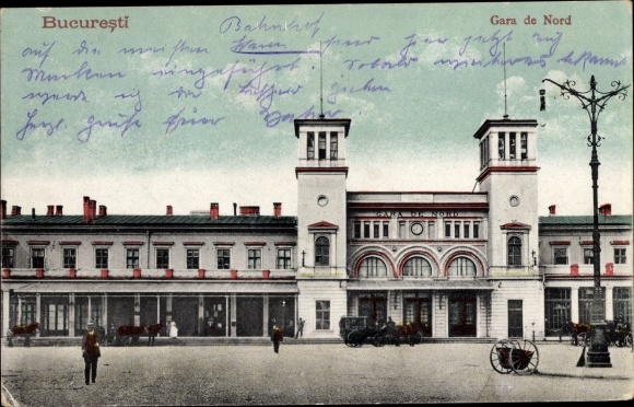 Ak București Boekarest Roemenië, Gara de Nord, treinstation, straatkant