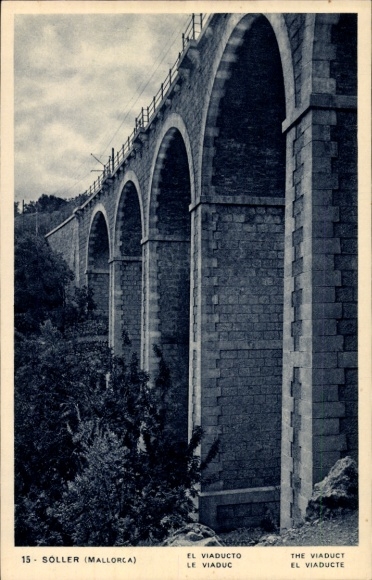 Ak Soller Mallorca Balearische Inseln, Viadukt, Brücke, Schwarz-Weiß-Foto, Text in mehreren Sprac