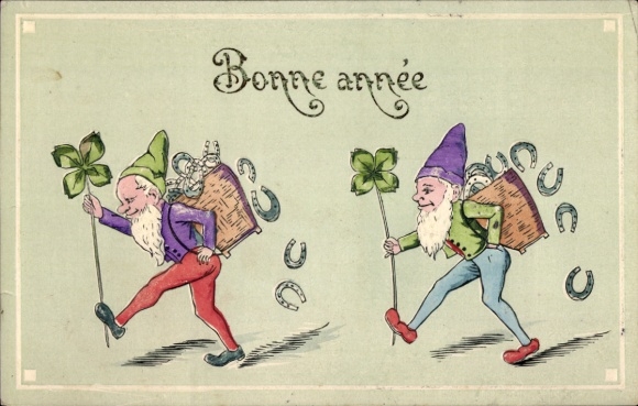 Embossed Postcard Congratulations New Year, clover, dwarves, horseshoe