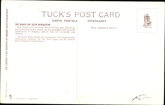 Artist Postcard De Hond en zijn schaduw, dachshund, cannon, allegory of the German Empire, fable, caricature