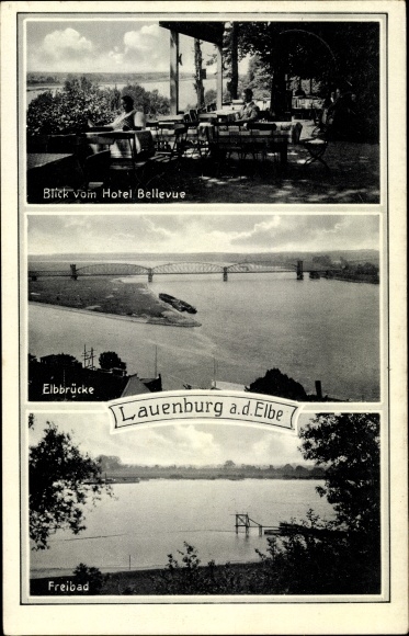 Postcard Lauenburg an der Elbe, view from Hotel Bellevue, Elbe bridge, outdoor pool