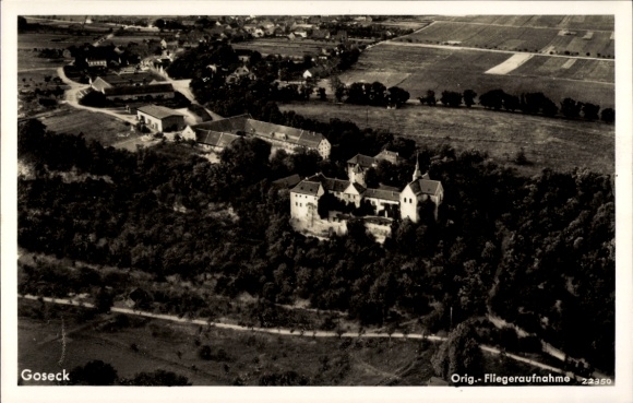 Postcard Goseck in Saxony Anhalt, aerial photograph of the castle and surroundings