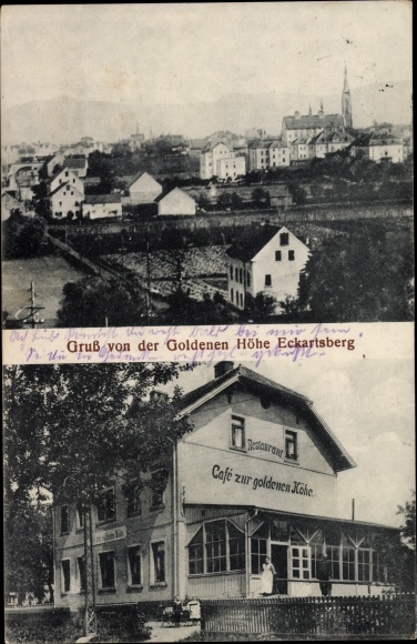 Ansichtkaart Eckartsberg Mittelherwigsdorf Oberlausitz, Cafe zur goldenenhöhe, uitzicht op de stad