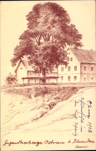 Postcard Ostrau Bad Schandau Saxon Switzerland, Youth Hostel Ostrau, tree, building, stone carving,