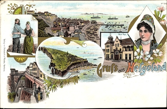 Litho Helgoland in Schleswig Holstein, Treppe, Post, Trachten, Tanz
