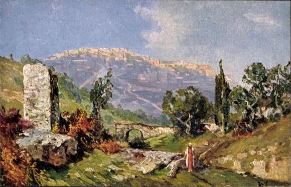 13 AK im Umschlag, farbige Kunstpostkarten Landschaftsbilder aus dem heiligen Lande, von m Meingoldt