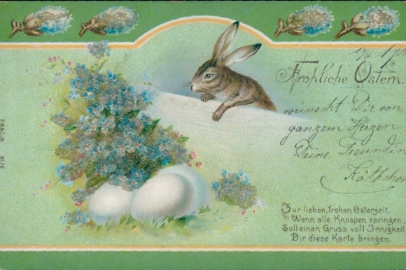 Perl Chromo-Litho Happy Easter, Easter bunny with Easter arrangement, Easter eggs, pussy willow