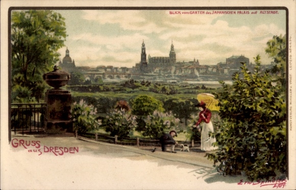 Artist Chromo-Litho Spindler, Erwin, Dresden Old Town, view from the garden of the Japanese Palace