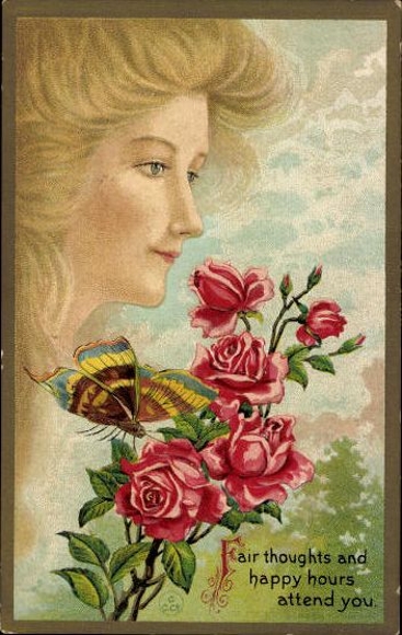 Complete series 12 embossed PCs Young woman, long hair, butterfly, angel