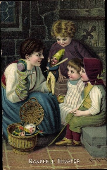 Artist Chromo-Litho Kaulbach, Hermann, Kasperle Theater, children, mother, hand puppets