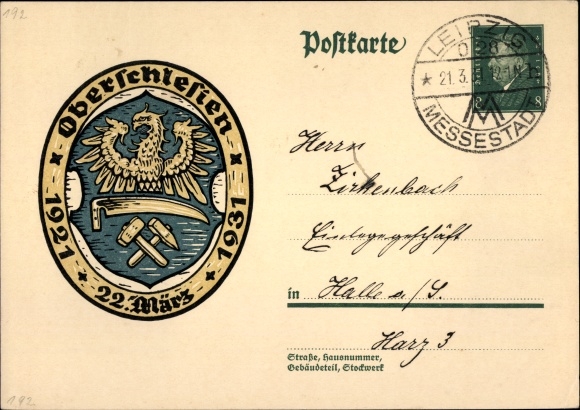Postal stationery PC Oberschlesien, March 22nd, 1921 to 1931, coat of arms, 8 Pfennig