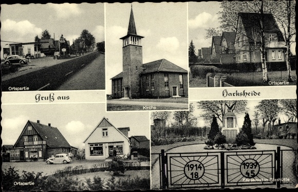 Ak Harksheide Norderstedt in Schleswig Holstein, Ortspartie, Kirche, Ehrenmal in Glashütte
