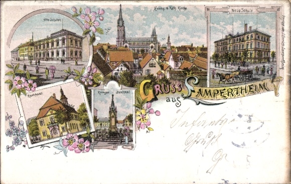 Chromo-Litho Lampertheim am Rhein Hessen, old schools, town hall, war memorial, church