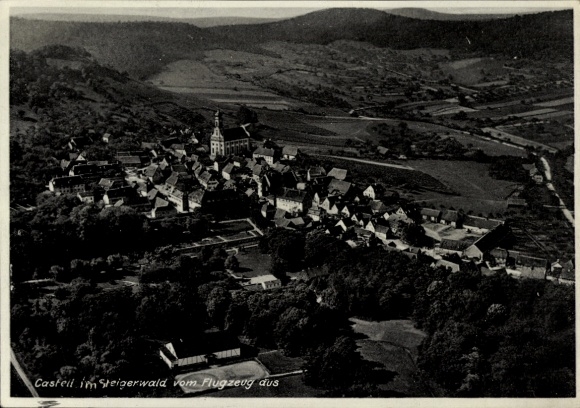 Postcard Castell Lower Franconia, aerial view of Steigerwald, buildings, landscape