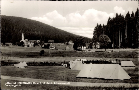 Ak Herrenwies Forbach im Schwarzwald Baden, Luftkurort  Campingplatz, Zelte, Wald, Kirche