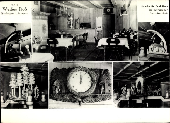 Postcard Schlettau in the Ore Mountains, Hotel Weisses Ross, owner Reinhard Schlegel, wood carvings, clock