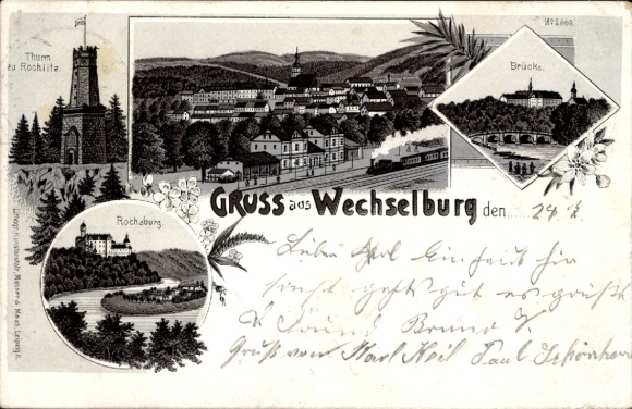 Litho Wechselburg in Sachsen, Turm zu Rochlitz, Rochsburg, Brücke, Bahnhof