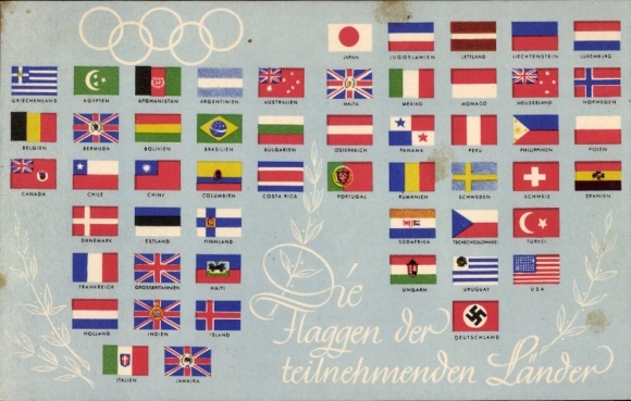Postcard Olympia Berlin 1936, flags of the participating countries