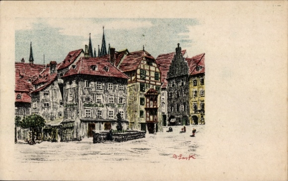 Artysta KP Lark, B., rej. Eger Karlsbad, rynek, domy, fontanny