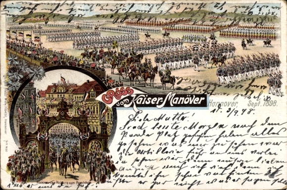 Chromo-Litho greeting from the Kaisermaneuver, return of the Kaiser from the parade field, Hanover 1898