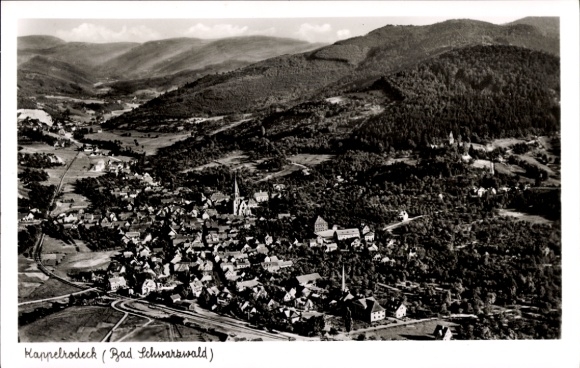Postcard Kappelrodeck in the Black Forest, aerial view of , mountains, church, houses