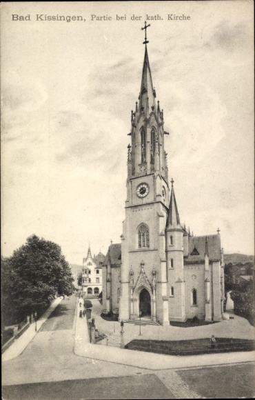 Postcard Bad Kissingen Lower Franconia Bavaria, Catholic Church, Architecture, Park, Walkers