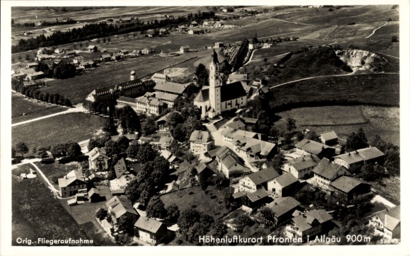 Postcard Pfronten in Allgäu, aerial view of mountains, church, houses, landscape