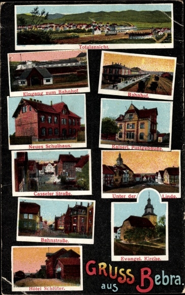 Postcard Bebra on the Fulda in Hesse, train station, post office, Kasseler Strasse, Hotel Schlueter, Bahnstrasse
