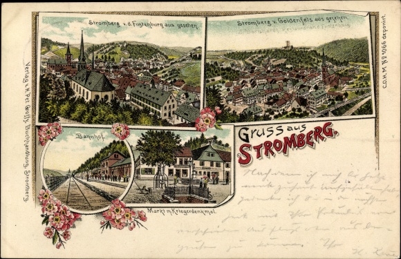 Chromo-Litho Stromberg in the Hunsrück, view from the Fürstenburg, train station, market, war memorial