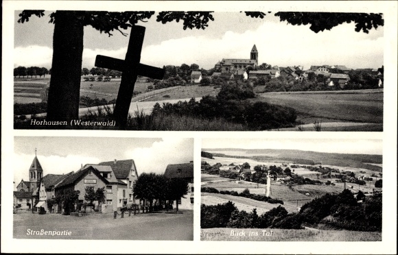 PC Horhausen in Rhineland-Palatinate, street section, view of the valley, church