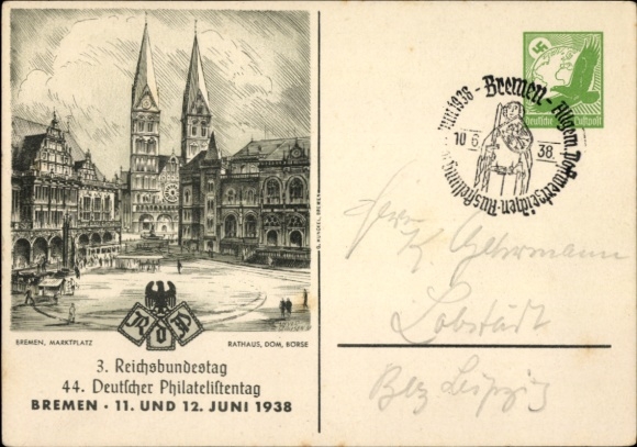 Papeteria pocztowa, hanzeatyckie miasto Brema, 3. Reichsbundestag, 44. Niemiecki Dzień Filatelisty, 11–12. Czerwiec 1938