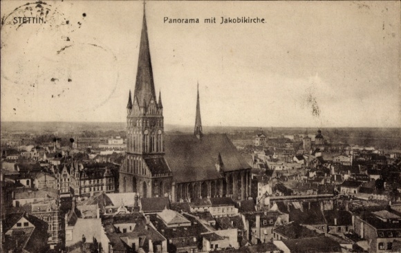 Postcard Szczecin Stettin Pomerania, Panorama with St. James Church