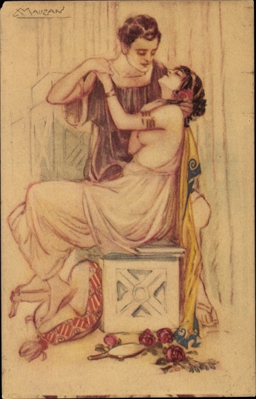 Artist Postcard Mauzan, lovers, bosom, roses