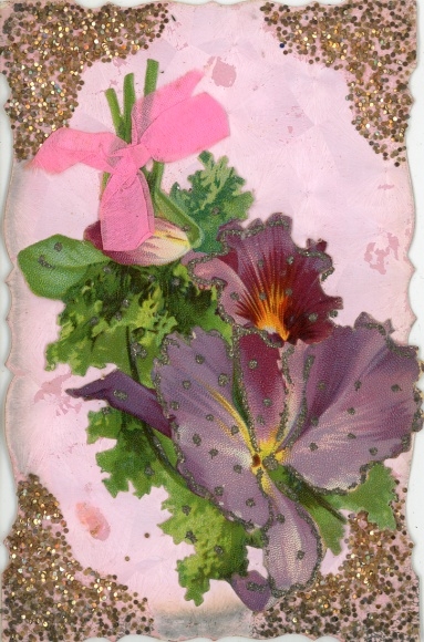 Material Glitter Postcard Blooming Flowers, fabric bow