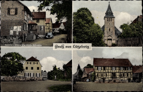 Postcard Lützelwig Homberg on the Efze Hessen, church, grocery store Marie Schwalm