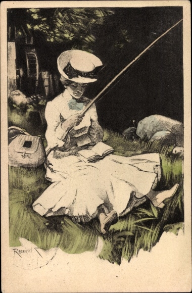 Künstler Ak Reznicek, Ferdinand von, Frau beim Angeln, Buch, Simplicissimus II 4