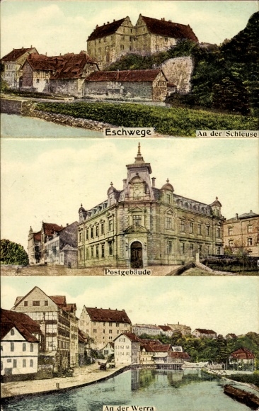 KP Eschwege na Werra Hessen, przy śluzie, urząd pocztowy, widok na Werra