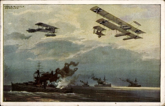 Artist Postcard Schulze, Hans Rudolf, Seaplanes over the English fleet, I. WK