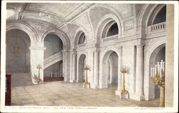 Postcard New York City USA, Library, Entrance Hall