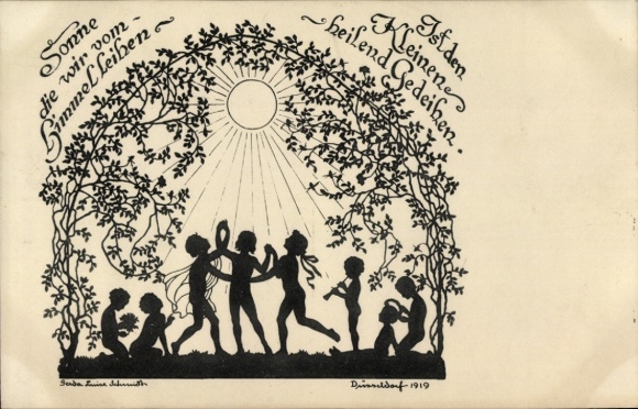 Scherenschnitt Ak Schmidt, Gerda Luise, Sonne die wir vom Himmel leihen, Kinderreigen