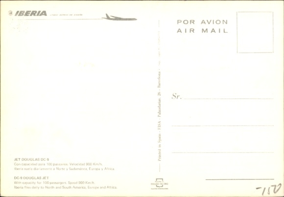 Postcard Spanish passenger aircraft, Iberia, Douglas DC 9