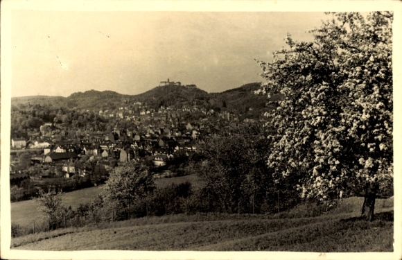 Ak Neuhaus am Rennweg Thüringen, Landschaftsbild, Ort mit Häusern, Bäume, blühender Baum, Berg...