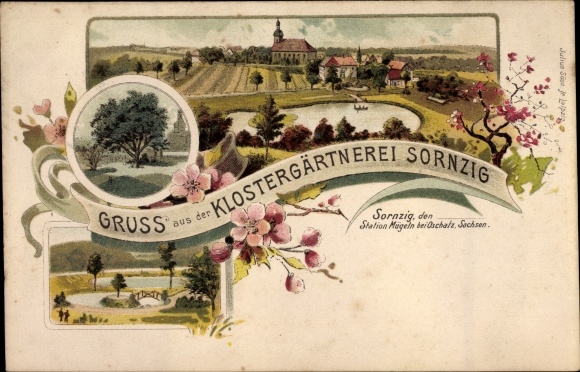 Chromo-Litho Sornzig indulgence Mügeln in Saxony, monastery gardening