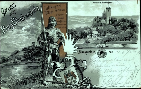 Coat of arms Moonlight Chromo-Litho Blankenstein Hattingen in the Ruhr area, Blankenstein Castle, hotel, knight