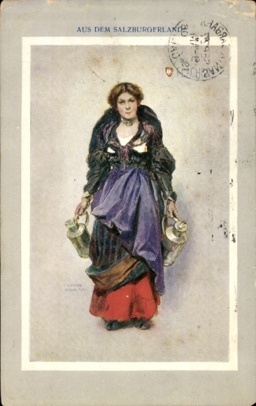 Artist Postcard Salzburg in Austria, Young woman from the Salzburg region in traditional costume, jugs
