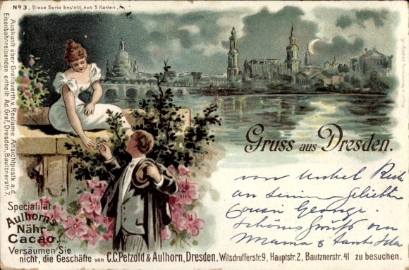 Litho Dresden Altstadt, Panorama, Brücke, Liebespaar, Spezialilät Aulhorns Nähr-Cacao