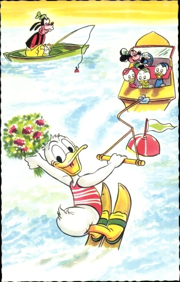 Artist PC Walt Disney, Donald Duck with a bouquet of flowers rides water skis, motorboat, Mickey, Goofy