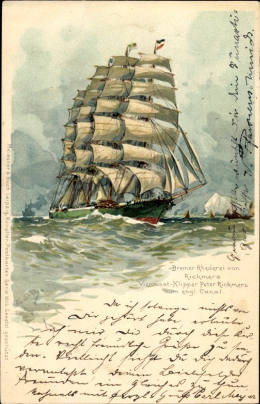 Künstler Litho Bohrdt, Hans, Viermast Klipper Peter Rickmers im englischen Kanal